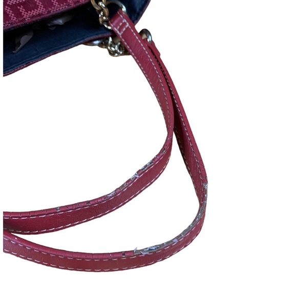 Tommy Hilfiger Tote Bag Red Logo Fabric Leather Trim Goldtone Hardware Chain - Picture 7 of 15